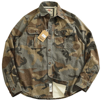 2024 Autumn and Winter New American Retro Woven Camouflage Cargo Shirt Men's 100% Cotton Washed Old Double Pockets Thin Jacket