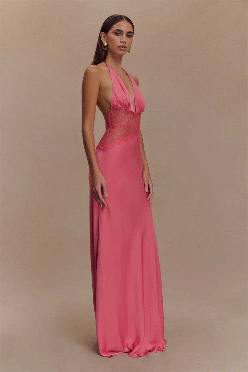 Mozision Summer Backless Sexy Maxi Dress Women Gown Patchwork Lace Halter Deep V