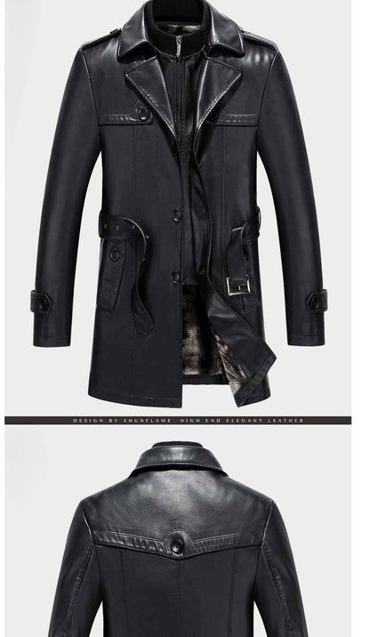 Fashion PU Leather Jacket Mid-length Fleece Thickened Windbreakers Suit Styles Large-sized Coats Overcoats Men's Slimming Trendy