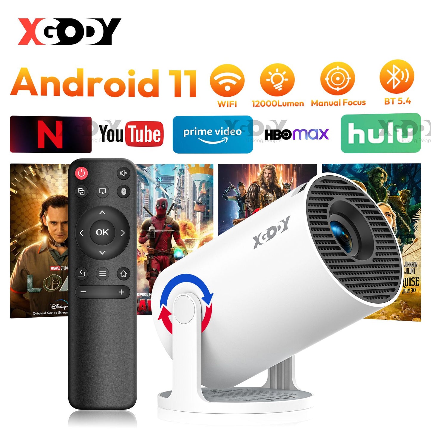 Projetor XGODY 12000 Lúmens Curta Distância Alto-falante Projetores Base 4K 1080P WiFi 6 Bluetooth 5.4 Android Home Theater Portátil