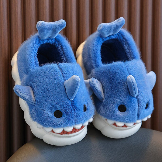 Winter Heel Wrap Cotton Children's Slippers Cute Cartoon Shark Non-slip Soft Sole Kids Boys Girls Junior Warm Plush Home Shoes