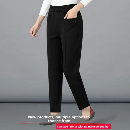 High Waist Straight Leg Pants Women's Fleece Lined Elastic Casual Mom Pants Spring Autumn Winter Polyester Fiber Harlan Pants
