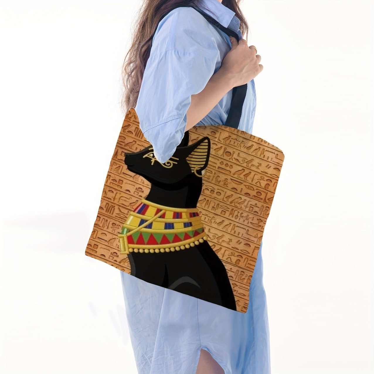 Egyptian Art Print Linen Tote Bag  Foldable Shoulder Handbag for Beac Casual Shopping Bag Daily Handbag Multi-functional