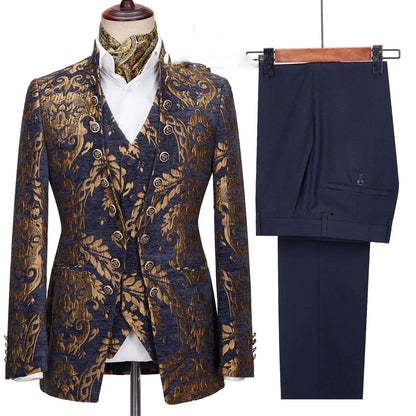 Fashion Gold Floral Suits For Men Slim Fit Luxury Party Wedding Groom Tuxedos Custom Stand Collar Jacket Vest Pants 3 Pieces Set