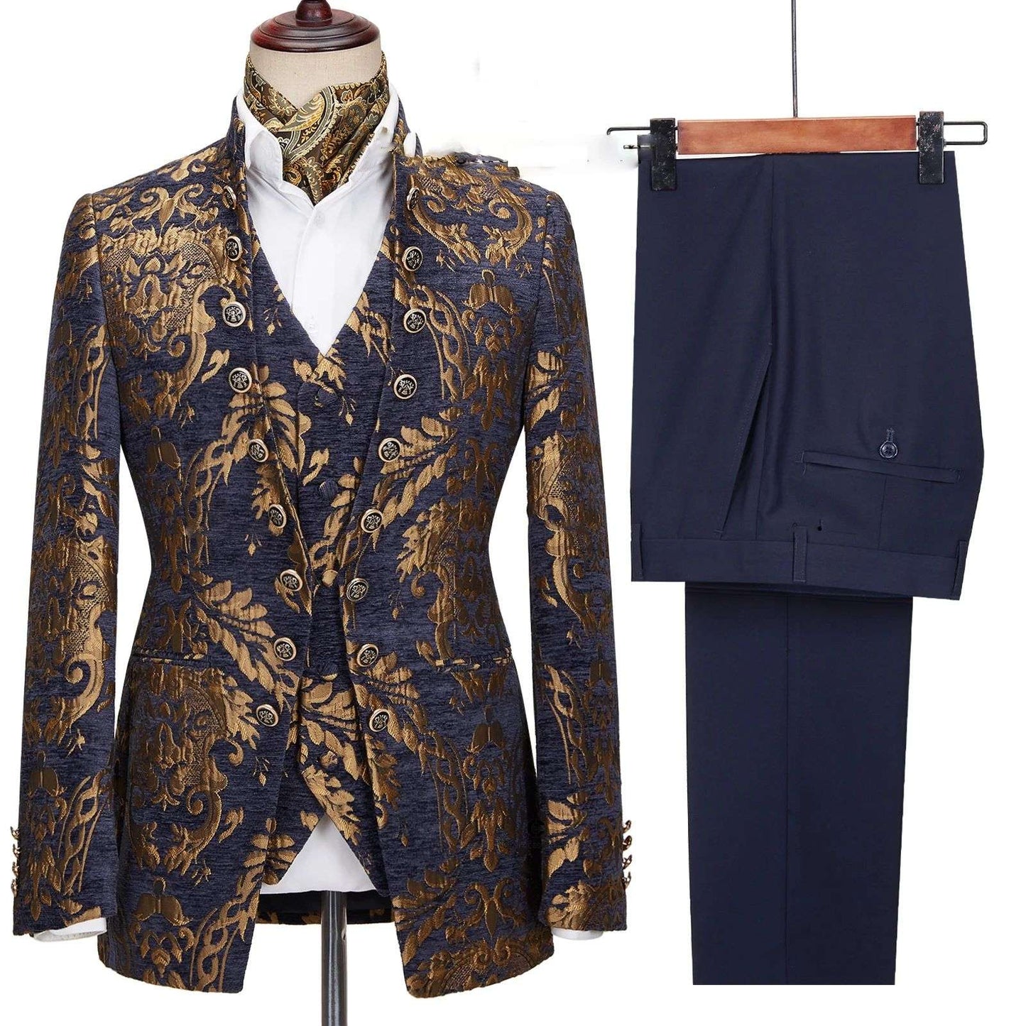 Fashion Gold Floral Suits For Men Slim Fit Luxury Party Wedding Groom Tuxedos Custom Stand Collar Jacket Vest Pants 3 Pieces Set