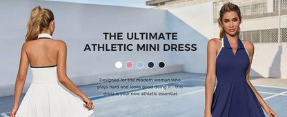 Fisoow Women's Tennis Skirt with Built in Shorts and Bra, Summer Backless Hanging Neck V-neck Yoga Golf Exercise Mini Dress