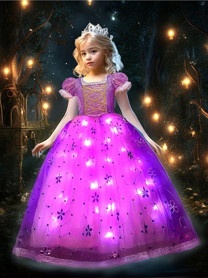 Girls Princess Costume Kid Carnival Dress Cosplay Floral LED Light Up Clothing Halloween Girls Christmas Party