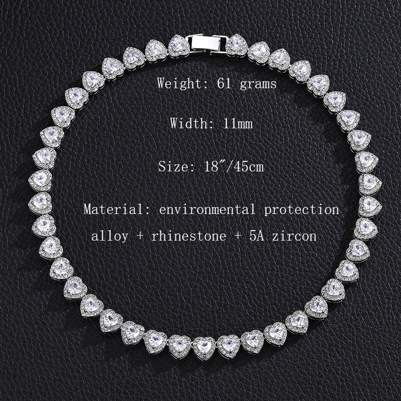 2025 Novo Colar Pulseira Luxuoso Brilhante Coração 45CM Strass Corrente Tênis para Mulheres Homens Presente Joias