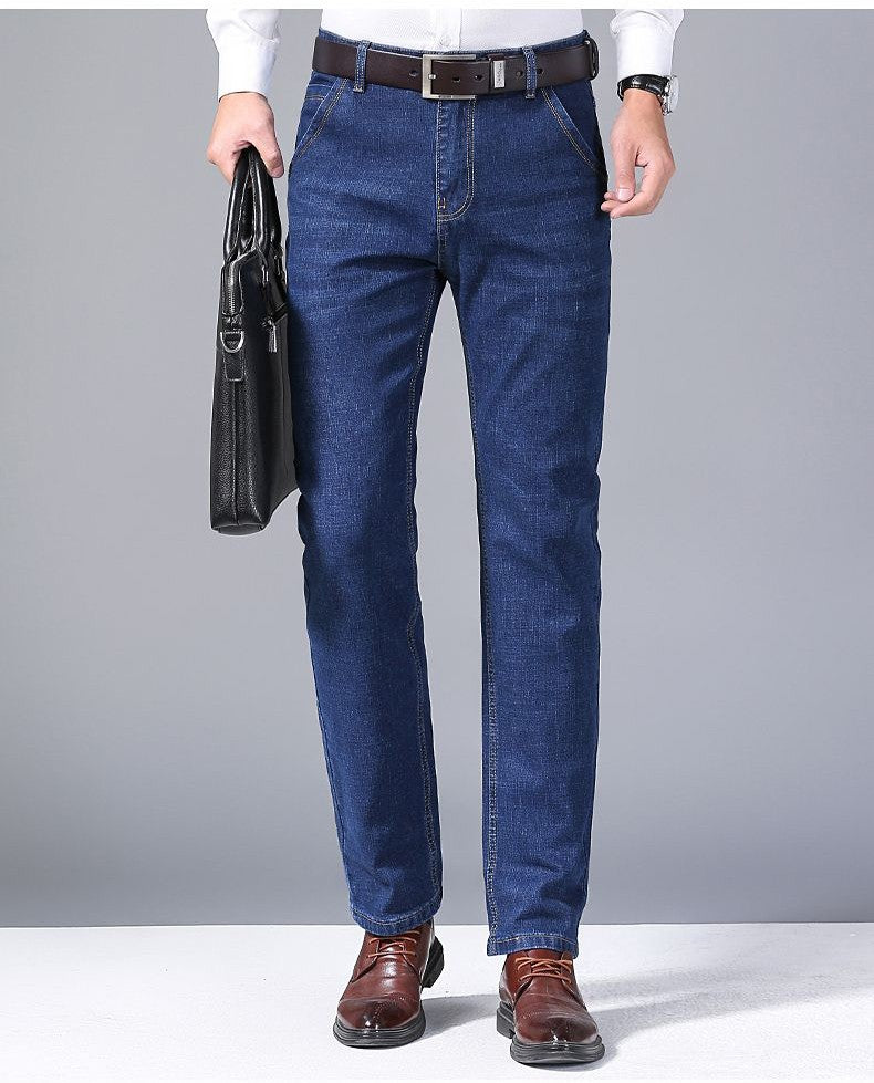 Calça Jeans Masculina Primavera Outono Negócios Casual Confortável Reta Denim Elástica Moda Clássica Macia Premium Azul Preto
