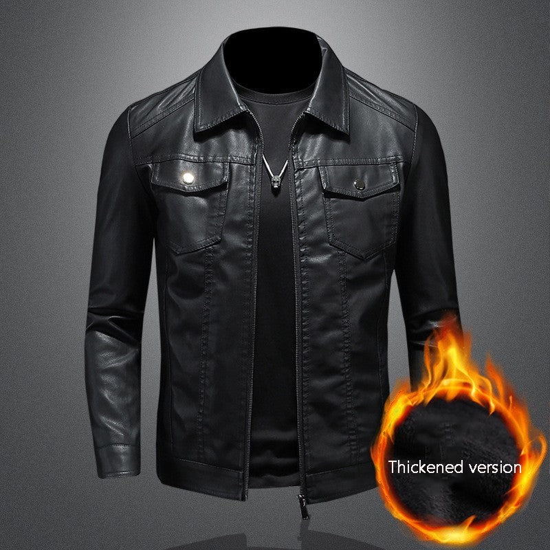 Men's Lapel Leather Jacket Autumn Oversized Slim Motorcycle Riding Suit Winter Thickened PU Leather Waterproof Work Clothes