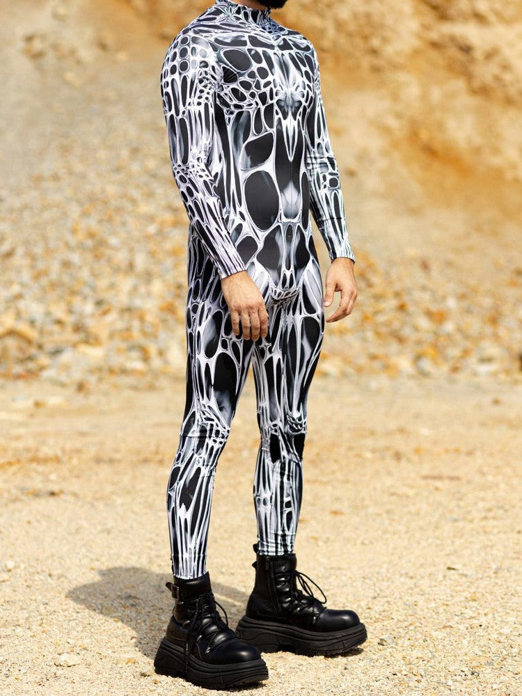 Unisex Sexy Black White Graphic Print Jumpsuit Halloween Line Art Muscle Cosplay Bodysuit Holiday Party Zentai Suit Rave Catsuit