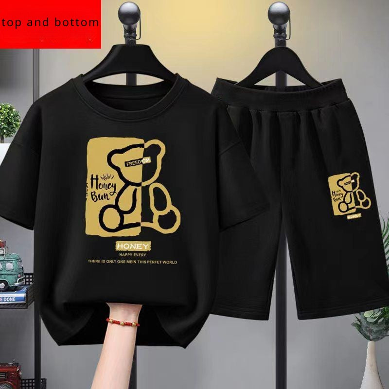 Conjunto de roupas de verão para bebês meninos, camiseta e shorts de urso estampado de desenho animado, 2 peças, agasalho casual para crianças