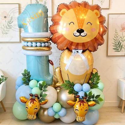 42pcs Mini Giraffe Sitting Lion Balloon 40 inch Baby Blue Number 1-9 Birthday Balloon Set Jungle Animal Theme Party Decoration