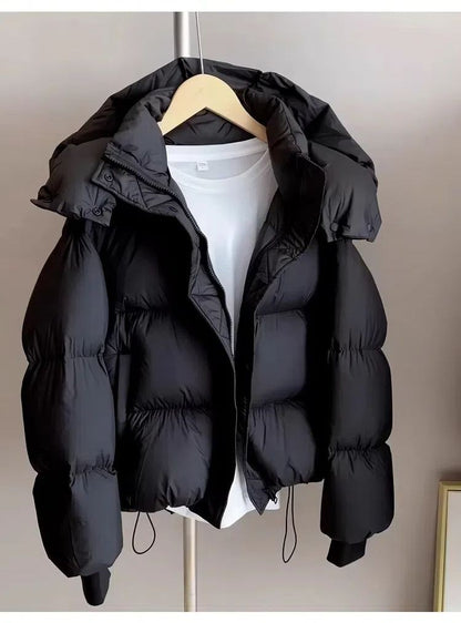Hooded Cotton Jacket Women 2024 New Thickened Warm Long Sleeved Outwear Winter Korean Loose Solid Color Versatile Short Coat