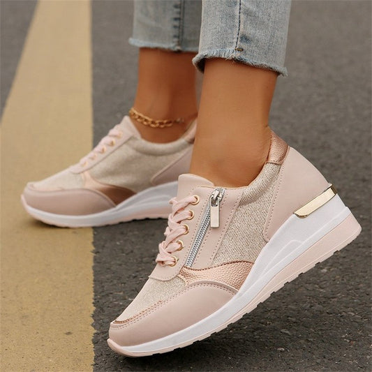 Fashion Thick Bottom Silver Sneakers Women 2025 Spring Wedge Heel Vulcanized Shoes Woman Comfortable Lace Up Sport Sneaker Mujer