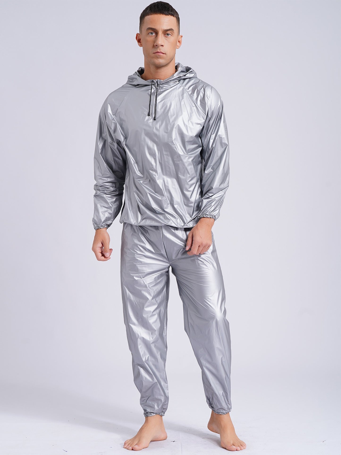 Mens Pullover Style PVC Sweating Suit for Boxing Gym Workout Fitness Sauna Sweat Outfit Hooded Jacket Outerwear And Long Pants