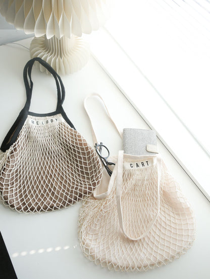 1PCS Personalised Name Mesh organic Cotton Bag with Long handle Reusable Washable Beach Bag Organizer for Shopping Grocery Bag