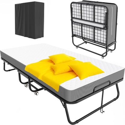 Folding Bed with Mattress, Foldable Twin Bed, Roll Away Beds for Adults, 75 x 31 Portable Roll Away Guest Beds with 5 Mat