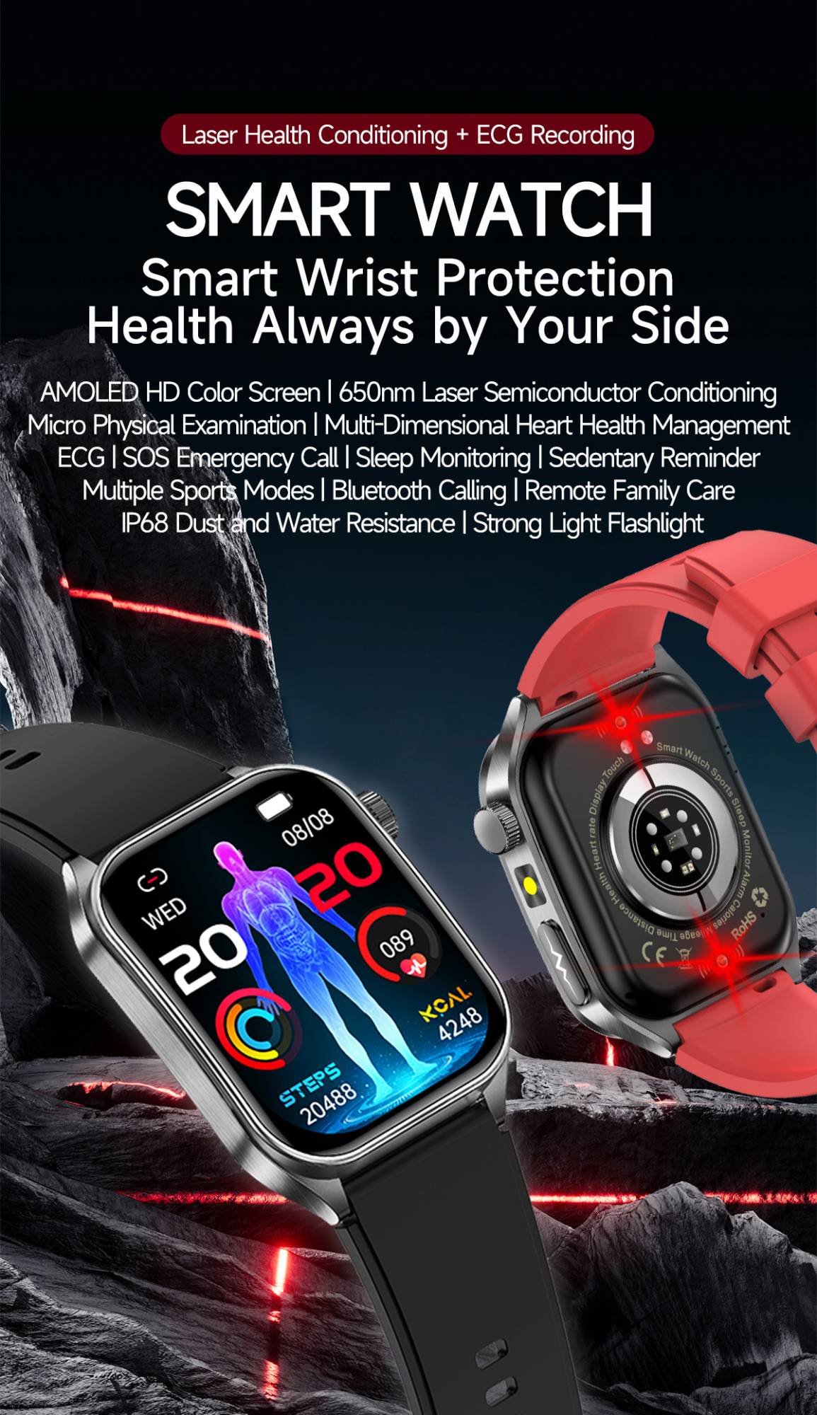 2025Novo 650nm Laser Condicionamento Safira Vidro Smart Watch Homens ECG Frequência Cardíaca Micro Exame Físico Saúde Smartwatch Temperatura