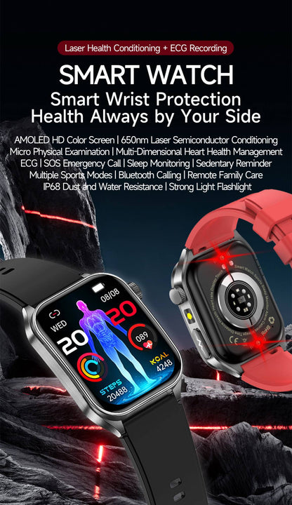 2025Novo 650nm Laser Condicionamento Safira Vidro Smart Watch Homens ECG Frequência Cardíaca Micro Exame Físico Saúde Smartwatch Temperatura