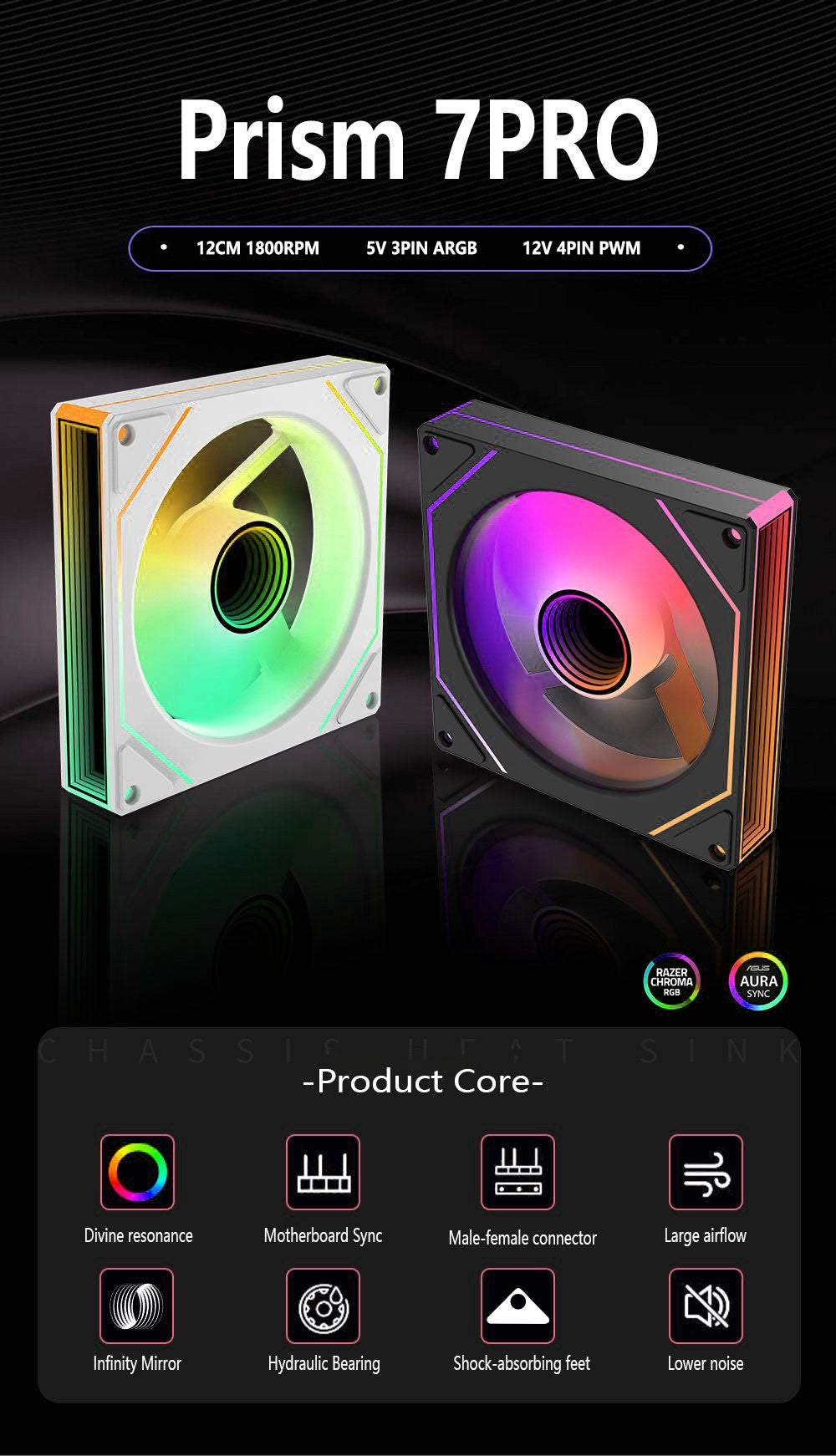 PRISM 7 PRO Computer Case Fan 120mm ARGB 4-Pin PWM Silent Cooling Fan 12V High Airflow 58.36CFM/800-1800RPM