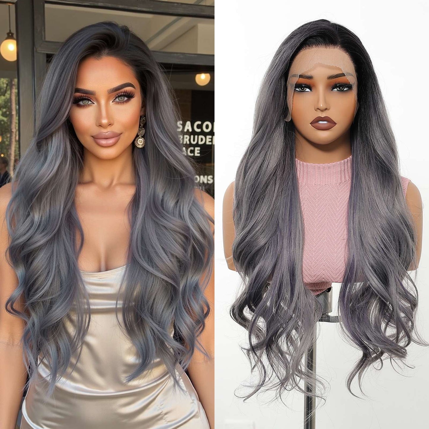 HENRY MARGU Peruca Frontal Lisa Ondulada Marrom Mista Longa Peruca Sintética Natural Ondulada 13x4 Frontal de Renda Cabelo Falso para Mulheres Raiz Escura