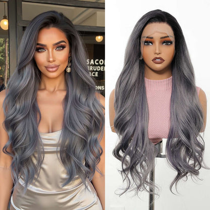 HENRY MARGU Peruca Frontal Lisa Ondulada Marrom Mista Longa Peruca Sintética Natural Ondulada 13x4 Frontal de Renda Cabelo Falso para Mulheres Raiz Escura