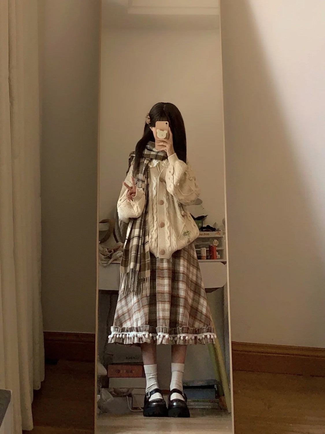 Adorable Plaid  Skirt with Faux Fur Balls in Brown Woolen Material Slimming Mid-Length for Young Girls Autumn Winter Sle