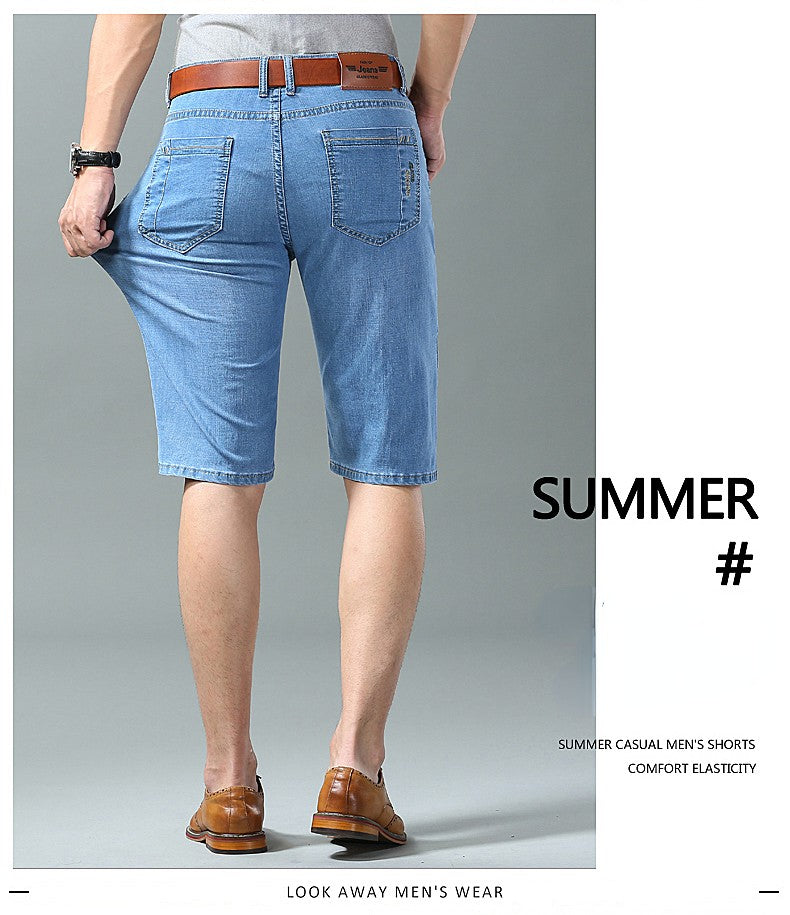 Summer Men Denim Shorts New Style Thin Embroidery Business Casual Straight  Short Jeans Male Brand Clothing Black Blue