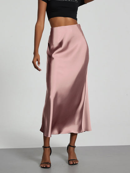 Fashion Satin Party Long Skirt High Waist Solid Color Casual Basic Women Skirts