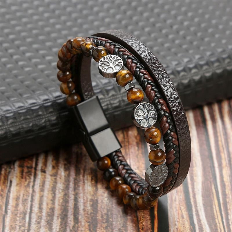 Pulseira de Couro Jiayiqi Masculina Punk Hip Hop Metal Charm Contas Olho de Tigre Pulseira Multicamadas para Homens Joia da Moda Presente