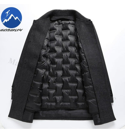 Maxbarley Winter Down Coat Lightw Luxurious Detachable Lining Working Cold Proof Overcoat Mens Mid Length Warm Woolen Trench