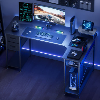 Mesa Gamer em L com Gavetas, Mesa de Computador em Fibra de Carbono com Suporte para Monitor, Mesa Gamer para Escritório Doméstico