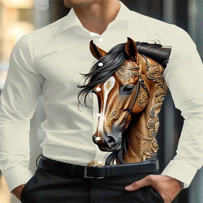 Men's black and red long sleeved shirt with fashionable Pegasus print button up shirt - long sleeved, lapel, non elastic fabric,