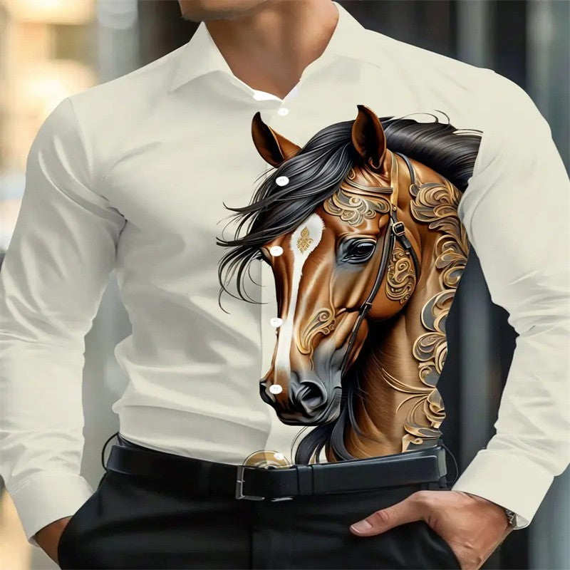 Men's black and red long sleeved shirt with fashionable Pegasus print button up shirt - long sleeved, lapel, non elastic fabric,