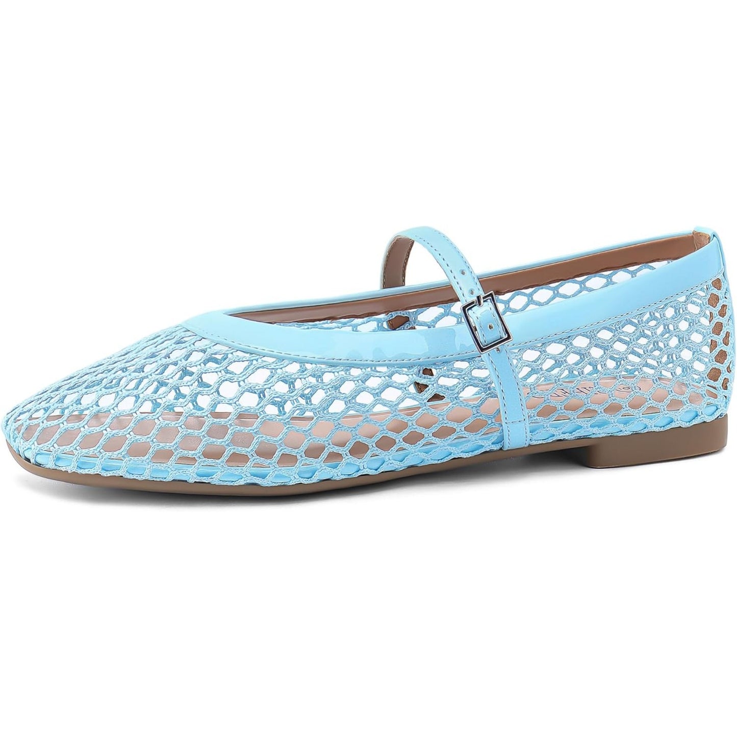 Women‘s Mesh Ballet Flats Comfortable Square Toe Ballerina Flats Buckle Strap Casual Fishnet Flat Shoes