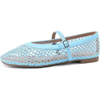 Women‘s Mesh Ballet Flats Comfortable Square Toe Ballerina Flats Buckle Strap Casual Fishnet Flat Shoes
