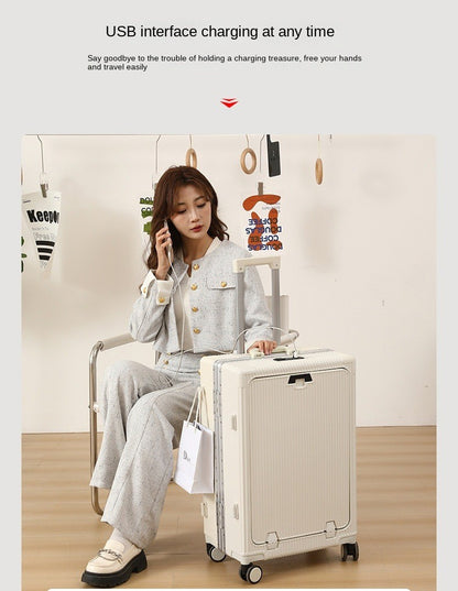 Suitcase Front Opening Pocket Aluminum Alloy Frame Rolling Luggage with USB Charging Plug Trolley Carry-on Case Bag with Wheel