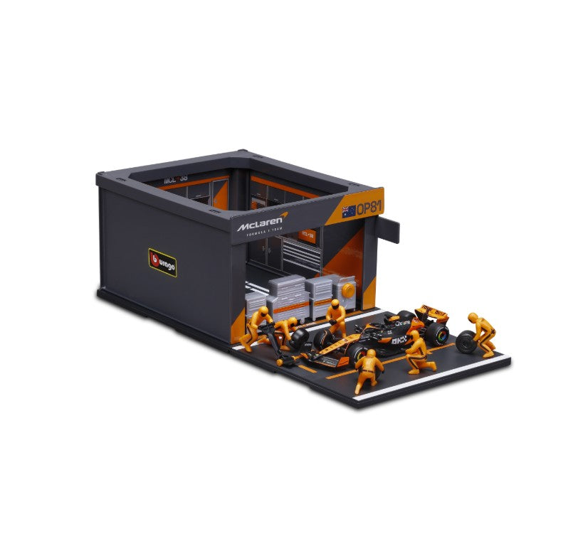 Bburago 1:43 2024 F1 Mclaren MCL38 Casa de Box DIY Modelo em Miniatura de Carro de Liga Fundida Ferrari SF24/Benz W15/Red Bull RB20 Brinquedos Infantis