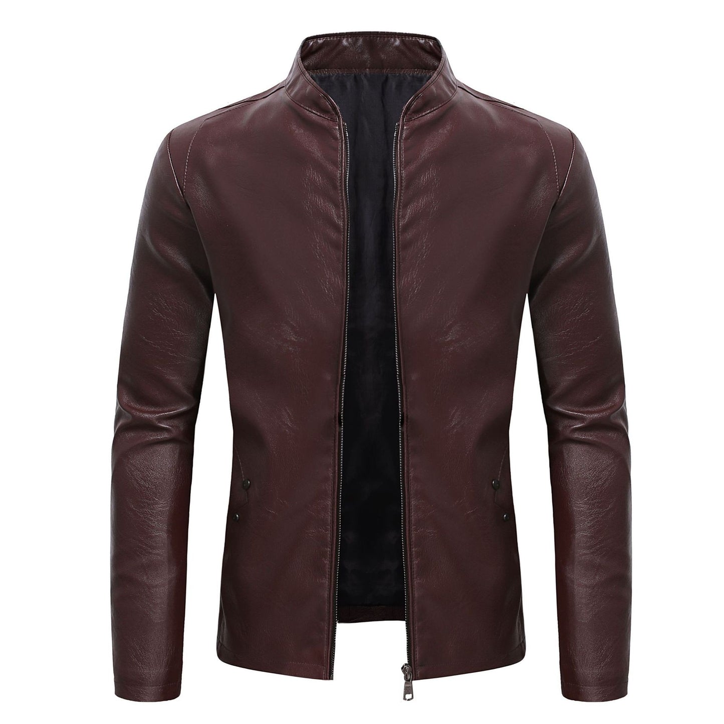 2024 Spring New Men's Business Casual Slim Long-sleeved Pu Leather Jacket Jacket Side Seam Pocket Zipper Solid Color
