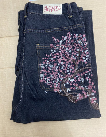Calça jeans Hip-hop com moedas douradas Y2K retro cintura baixa perna larga com zíper calças jeans soltas bordadas moda masculina Y2K