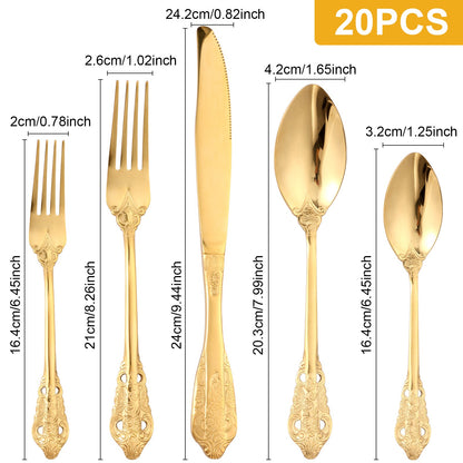 20Pcs High Quality Cutlery Set Handle Exquisite carving Stainless Steel Golden Tableware Knife Fork Spoon Flatware Set Silverwar