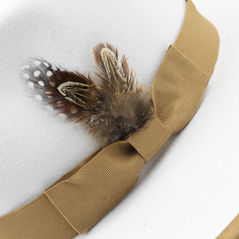 European American Fashion Feather Felt Jazz Hat Flat Wide Brim Bordered Formal Hat for Women and Men Elegant Style