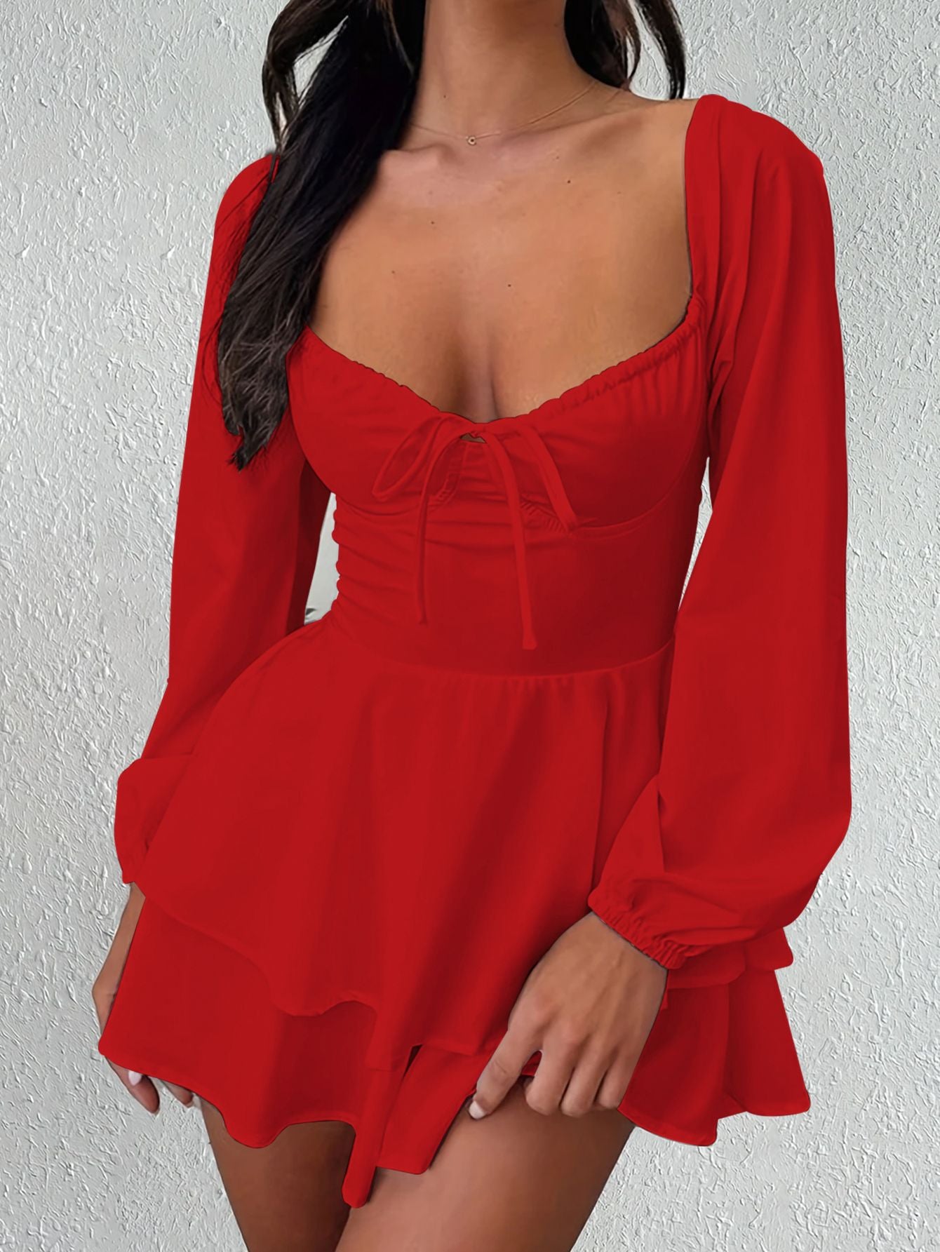 Sexy And Elegant V-neck Backless Waist Cinched Long Sleeved Dress Nightclub Party Style White Lace Up Ruffle Edge Short Skirt