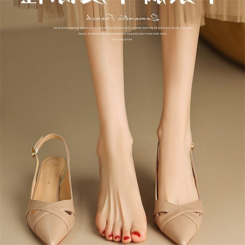 New Summer Fashion Comfortable Casual Wear-resistant Shallow Mouth Pointed Toe Toe Hollow Back High Heels Sheepskin Sandals