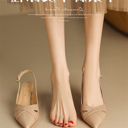New Summer Fashion Comfortable Casual Wear-resistant Shallow Mouth Pointed Toe Toe Hollow Back High Heels Sheepskin Sandals