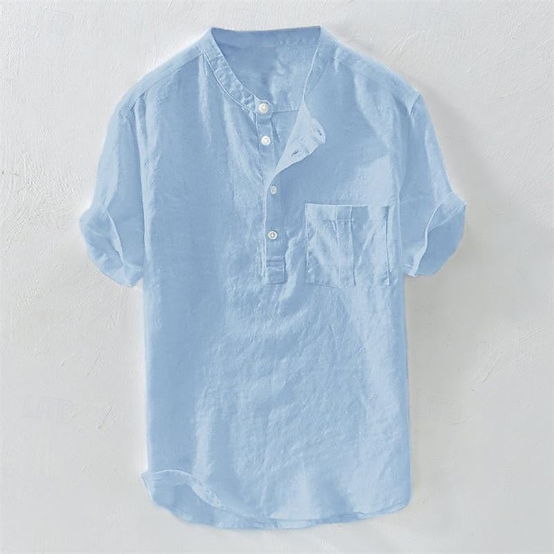 Hawaiian Men's Henley V Neck Short Sleeve Pocket Top Solid Color Fashion Shirt Men's Tops 100% Cotton and Linen Men's T-Shirt
