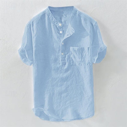 Hawaiian Men's Henley V Neck Short Sleeve Pocket Top Solid Color Fashion Shirt Men's Tops 100% Cotton and Linen Men's T-Shirt