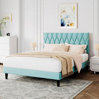 King Platform Bed Frame with Storage Space, Fabric Upholstered Headboard, Fully Upholstered Mattress Foundation, No Box Spring N