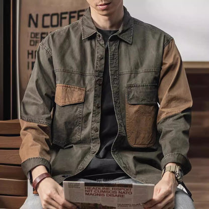 Spring and autumn new American vintage khaki loose long-sleeved shirt Japanese casual cargo shirt men's patchwork trend top